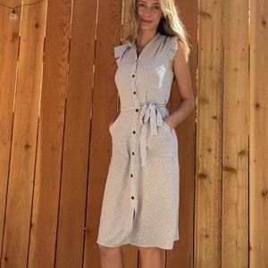 Monteau Light Blue and White Floral Dress with Pockets & Tie Ruffle Shoulder